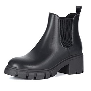 Athlefit Damen-Chelsea-Stiefel, modische Lug-Sohle, klobiger Absatz, zum Hineinschlüpfen, elastischer Knöchel, schwarze Stiefeletten, Größe 11