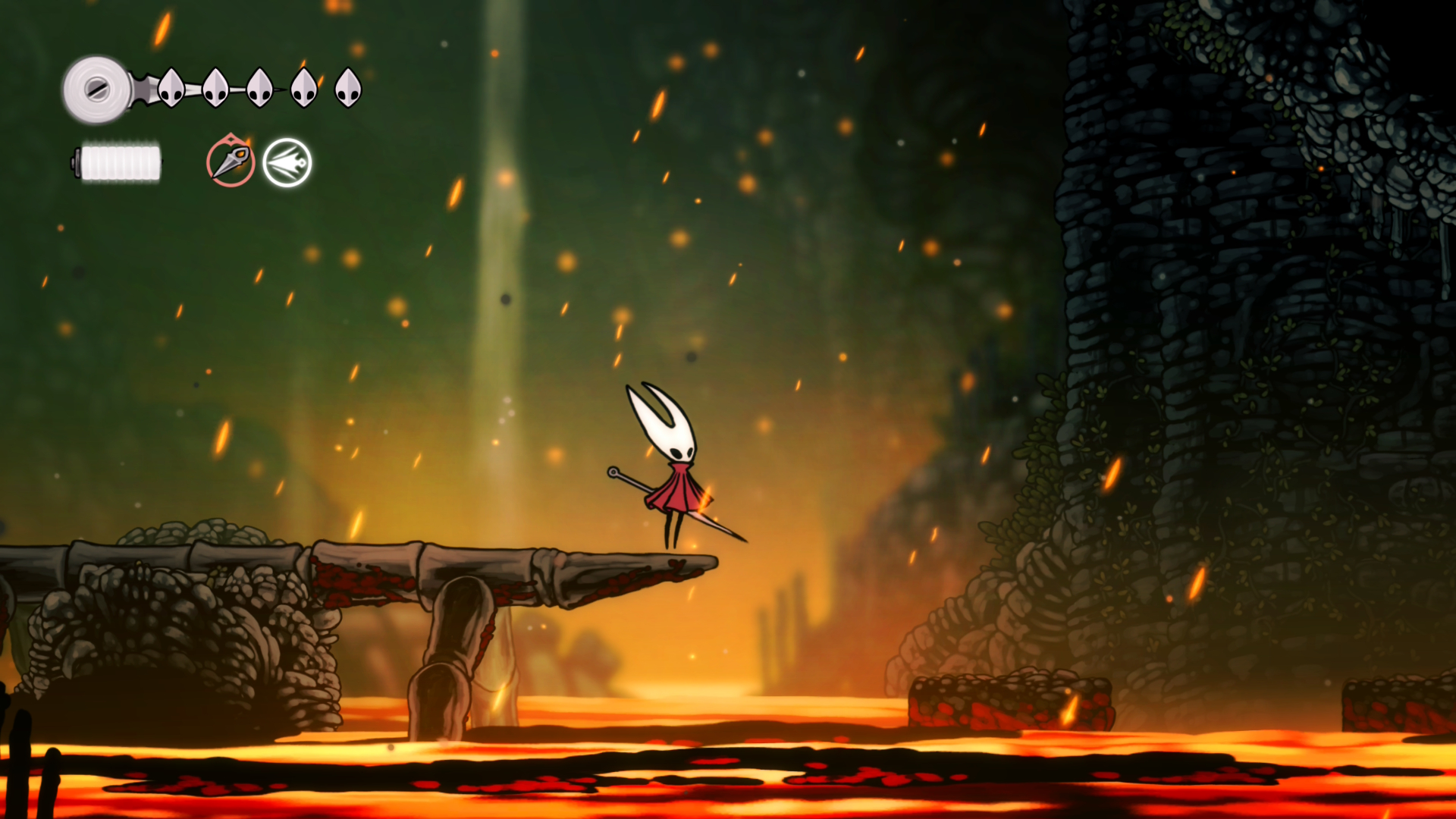Hornet stands on bone above lava in Hollow Knight: Silksong
