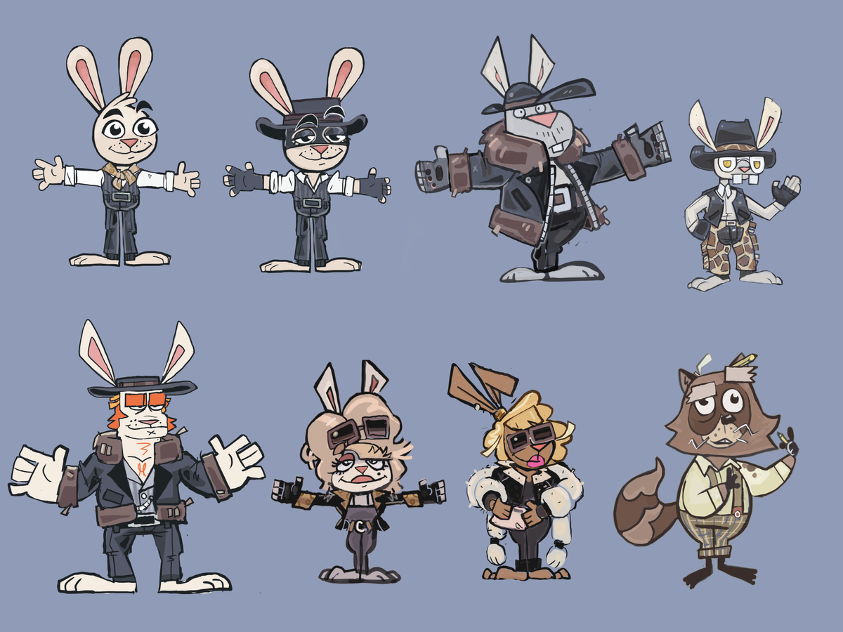 Cartoon characters on a concept art board