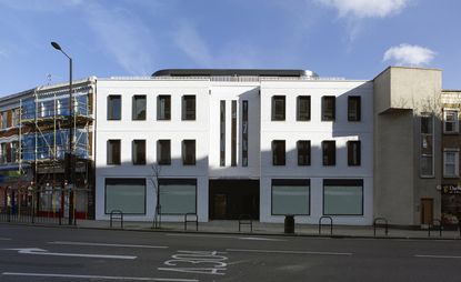 Street view of white building