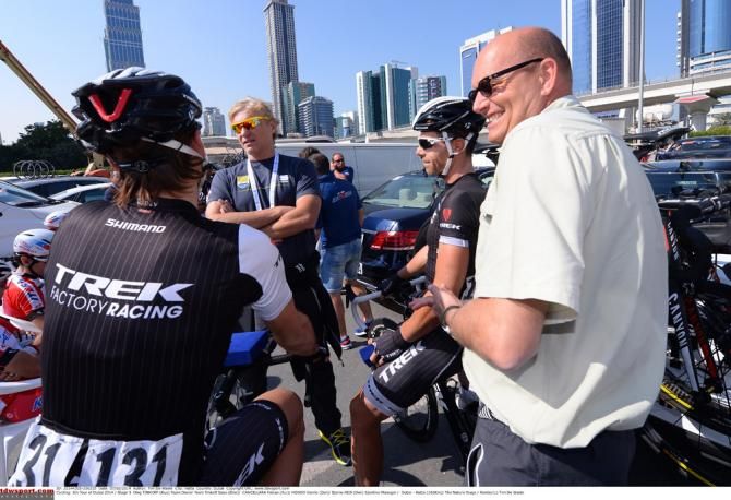 Bjarne Riis chats with Fabian Cancellara (Trek Factory Racing) before the start of stage 3