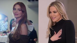 From left to right: Kendall Jenner looking at the camera and Khloe Kardashian looking to her left with her hand on her heart.
