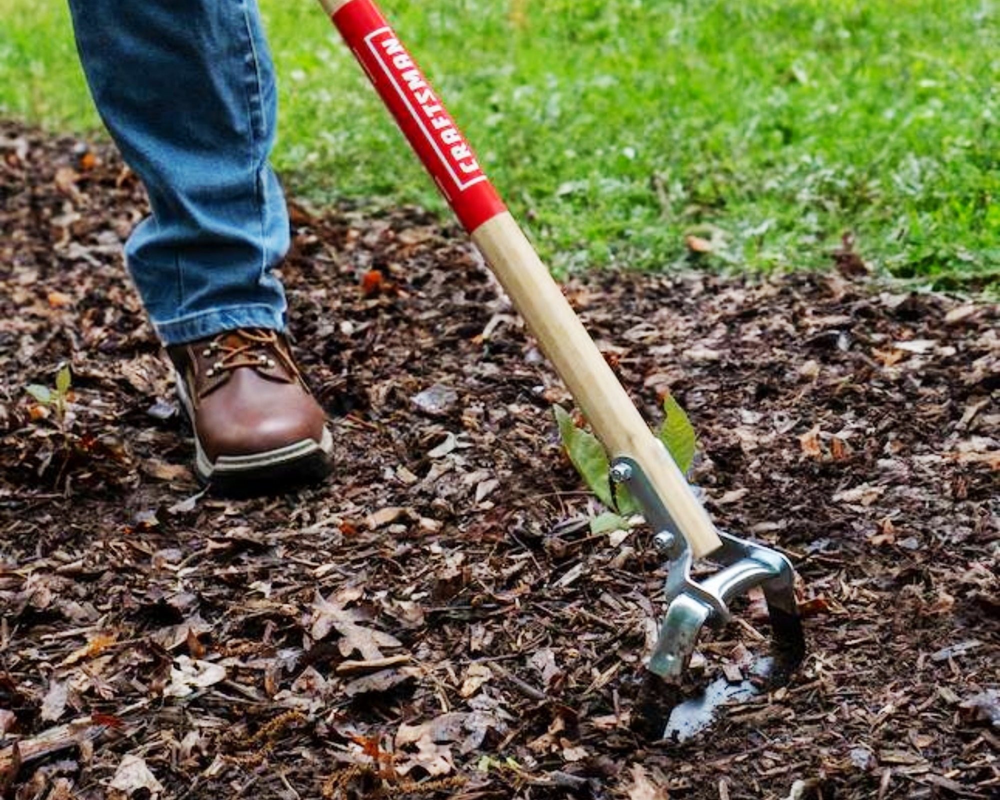 Craftsman stirrup hoe being used to remove weeds