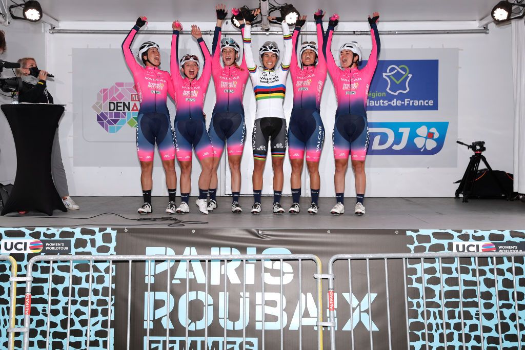ROUBAIX FRANCE OCTOBER 02 Elisa Balsamo of Italy World Champion Jersey Chiara Consonni of Italy Vittoria Guazzini of Italy Elena Pirrone of Italy Ilaria Sanguineti of Italy Margaux Vigie of France and Team Valcar Travel Service during the team presentation prior to the 1st ParisRoubaix 2021 Womens Elite a 1164km race from Denain to Roubaix ParisRoubaixFemmes ParisRoubaix on October 02 2021 in Roubaix France Photo by Bas CzerwinskiGetty Images