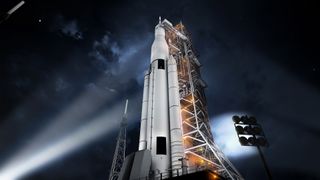 Artist's concept of the Space Launch System (SLS) Block 1 configuration, which will launch the first three Artemis missions.