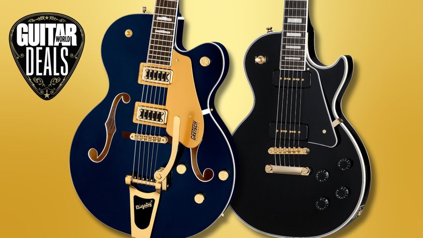 A Gretsch semi-hollow and Epiphone Les Paul guitar on a gold background