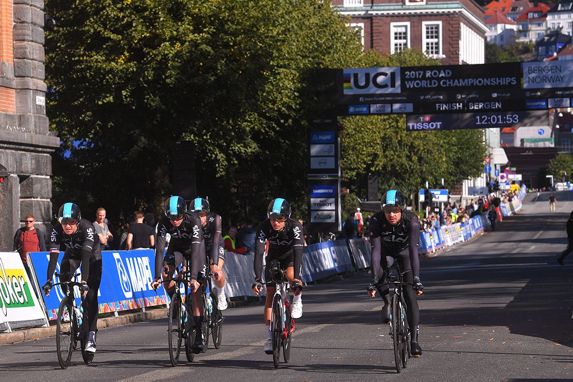 Team Sky during a recon ride of the Bergen Worlds team time trial course