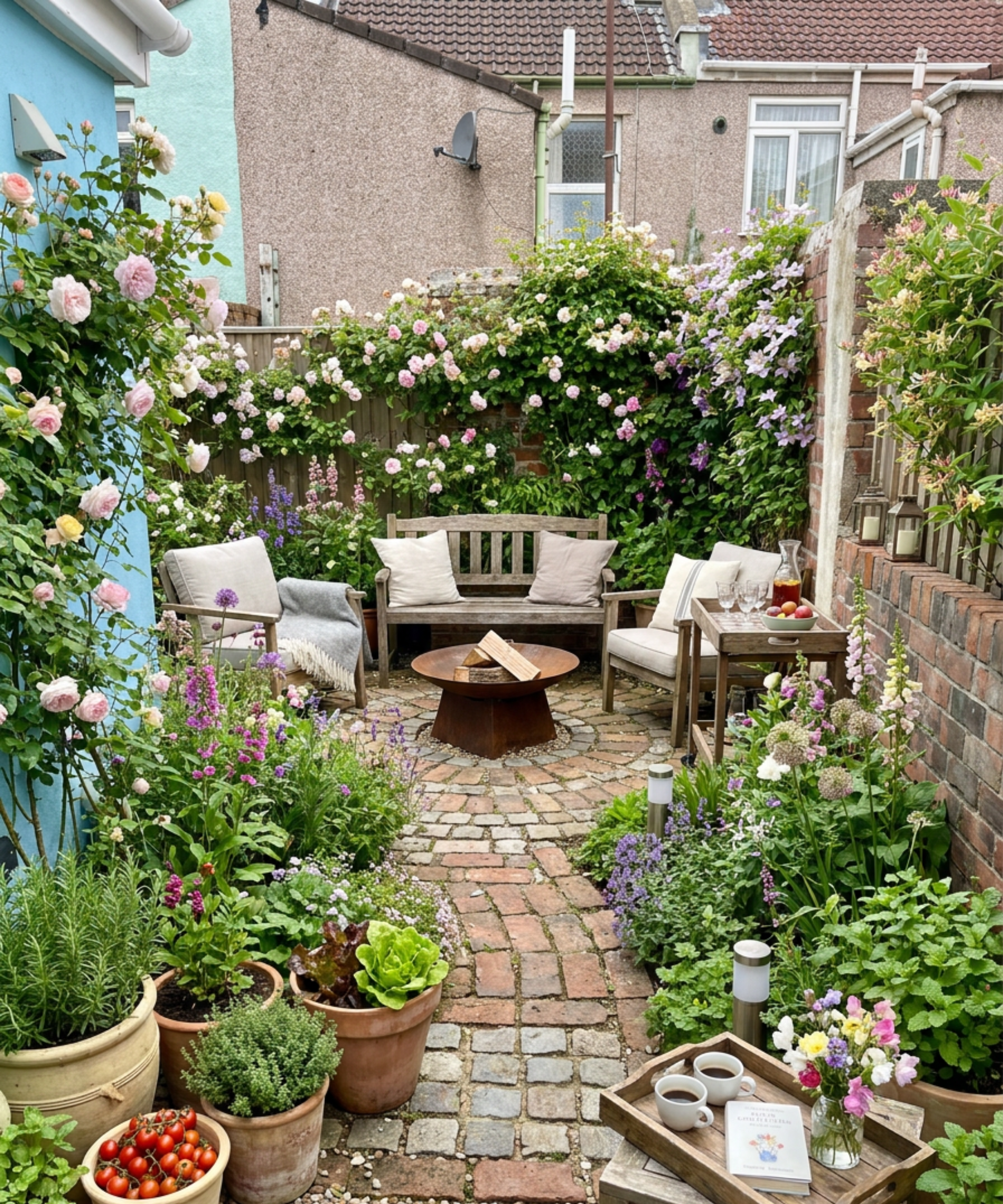 megans redesigned garden with roses and pots