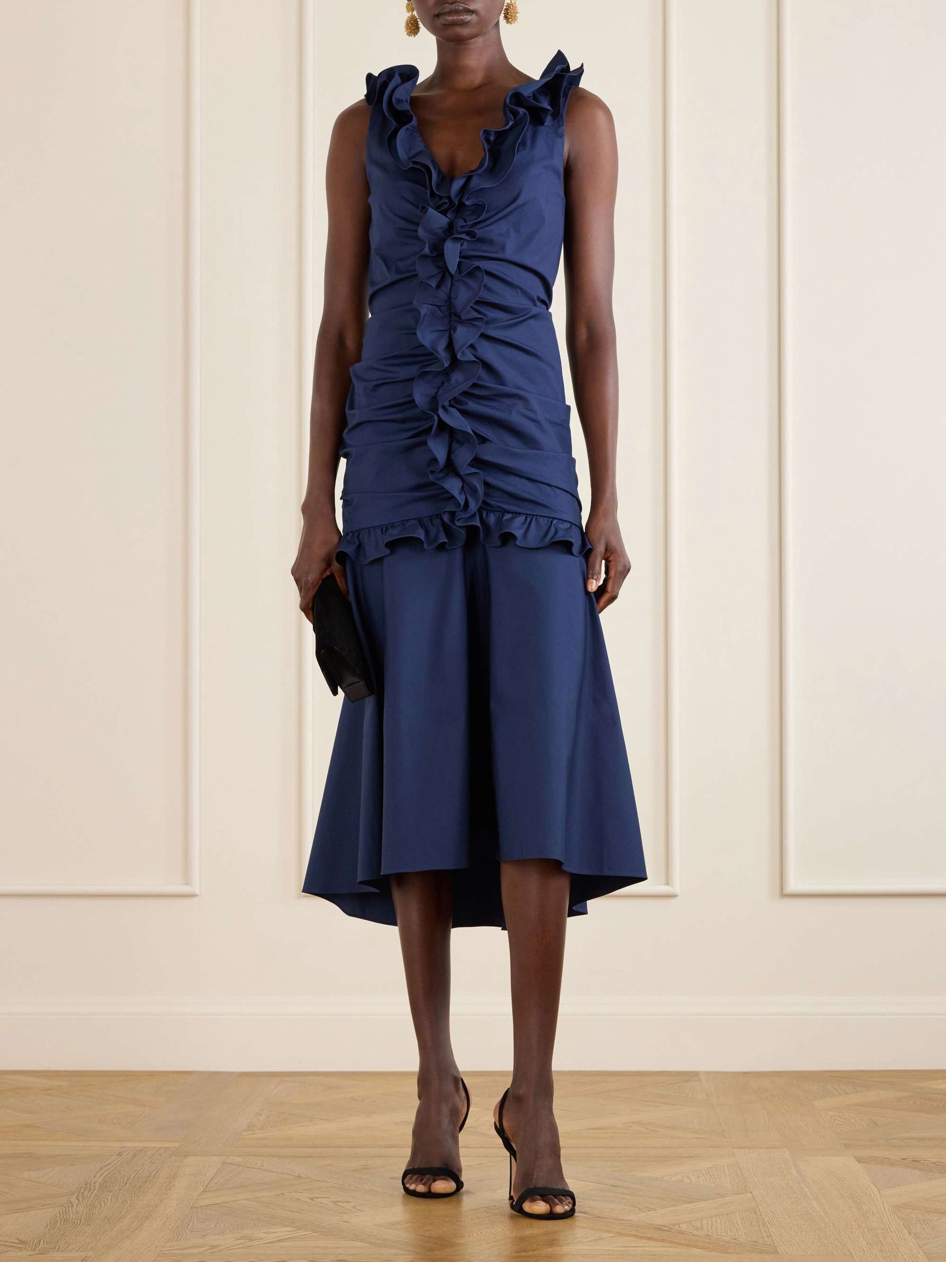Ruched Ruffled Cotton-Blend Midi Dress