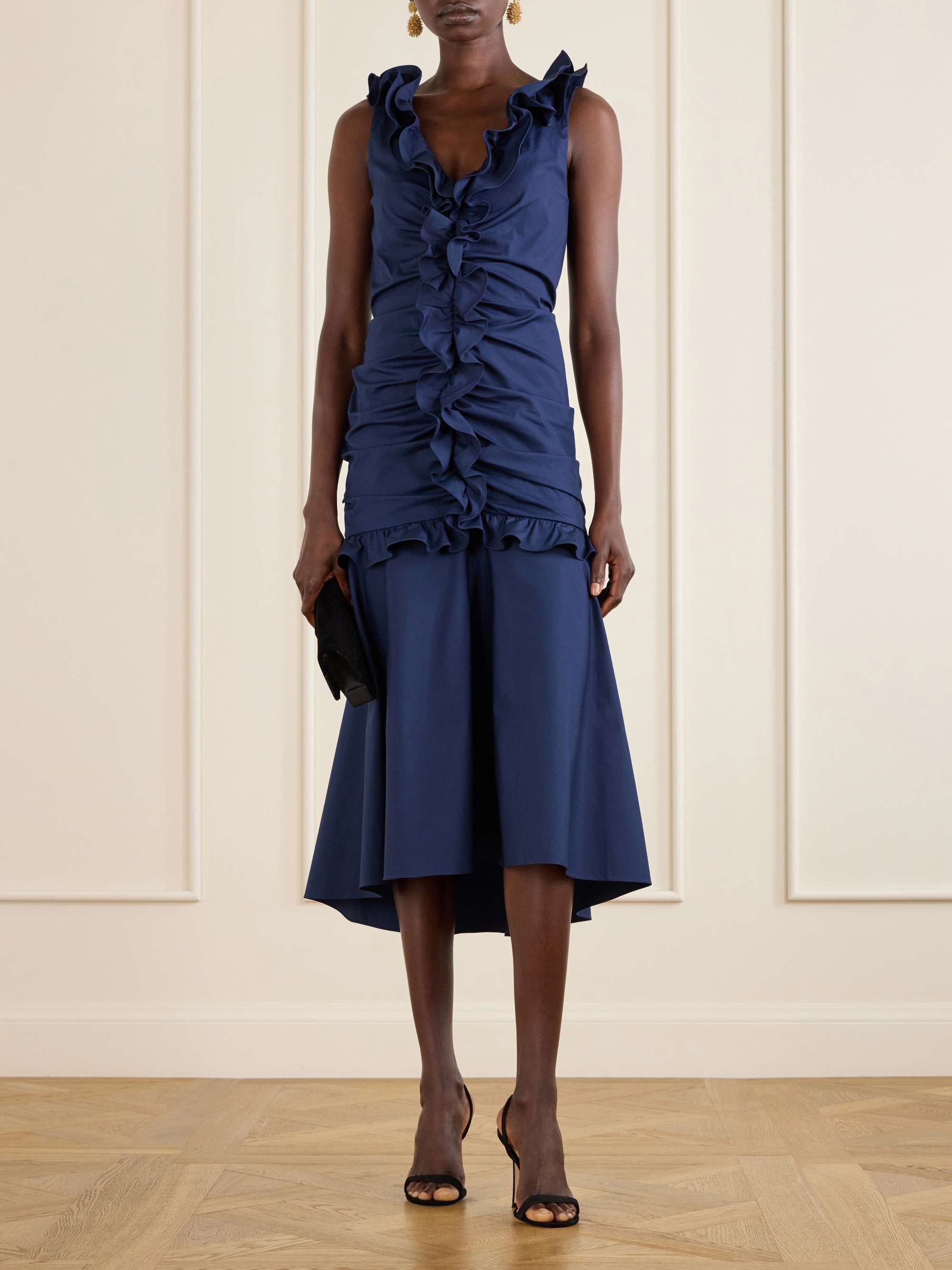 Ruched ruffle cotton-blend midi dress