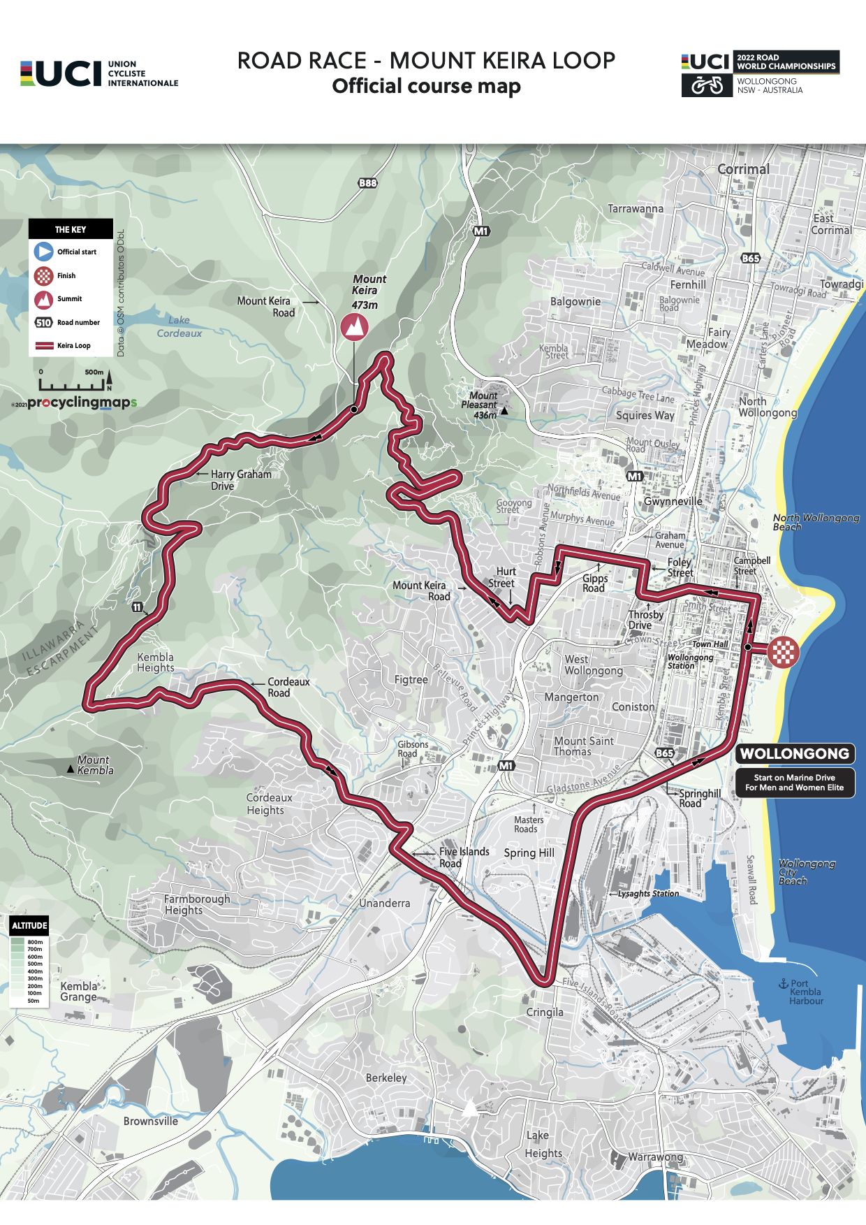 Road race course map for the UCI 2022 Road World Championships Wollongong