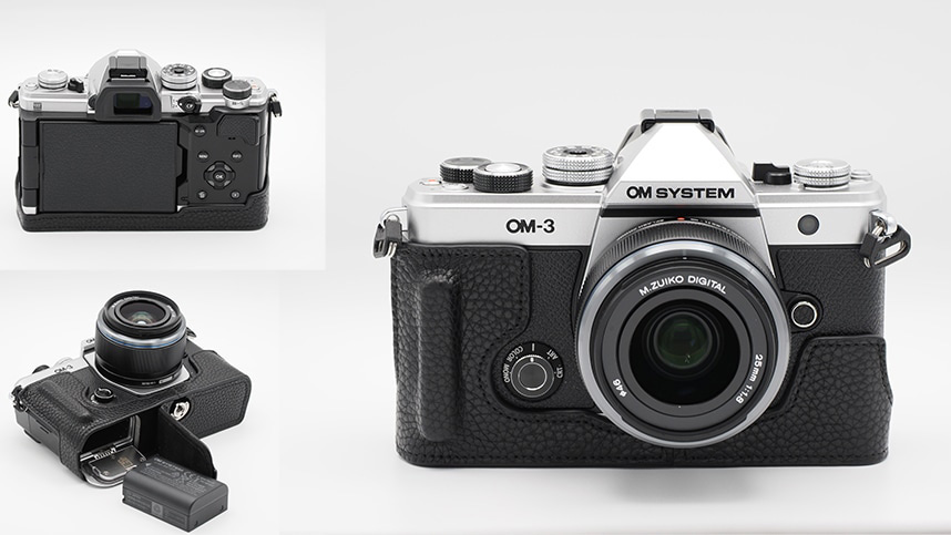 UN OM-3 Camera Holder and OM System OM-3 product images on white background