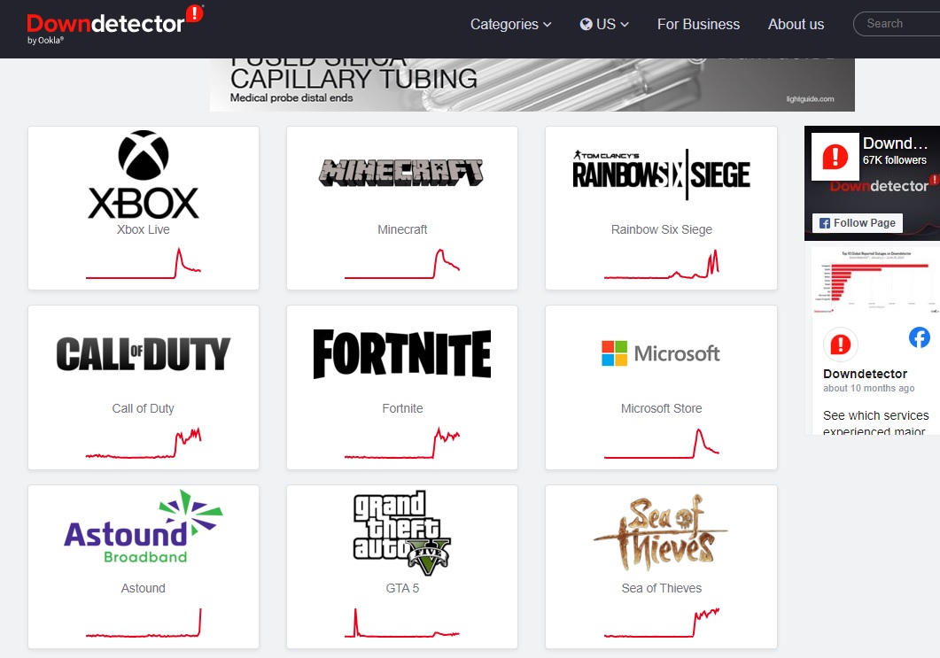 Zrzut ekranu narzędzia Down Detector przedstawiający awarię popularnych gier Xbox