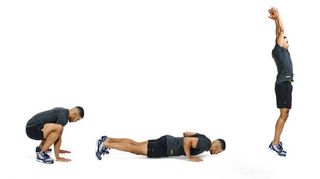 Man demonstrates three positions of the press-up burpee