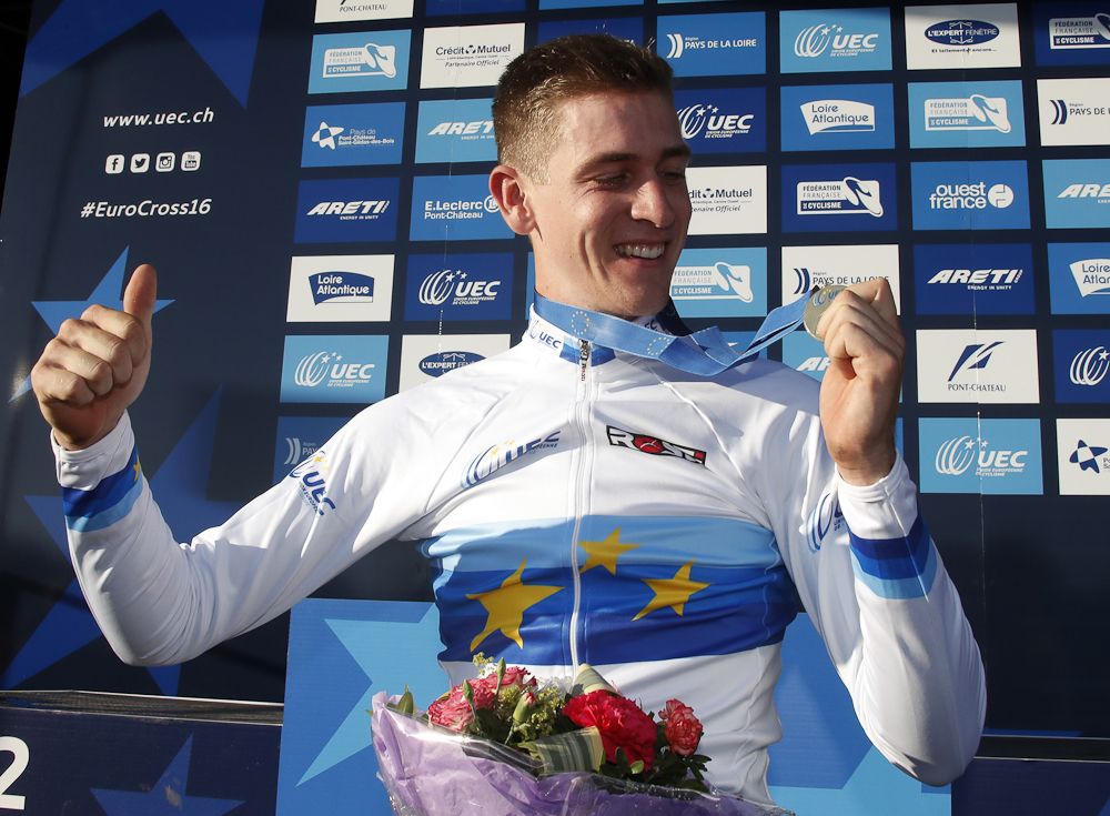 Toon Aert on the European Cyclo-cross Champiosnhips podium
