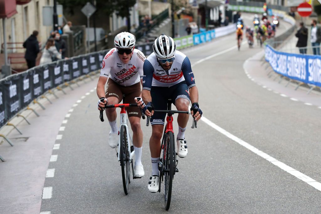 BERG NETHERLANDS APRIL 18 Dorian Godon of France and Team AG2R Citren Team Julien Bernard of France and Team Trek Segafredo during the 55th Amstel Gold Race 2021 Mens Elite a 2167km race from Valkenburg to Berg en Terblijt Amstelgoldrace amstelgoldrace on April 18 2021 in Berg Netherlands Photo by Bas CzerwinskiGetty Images
