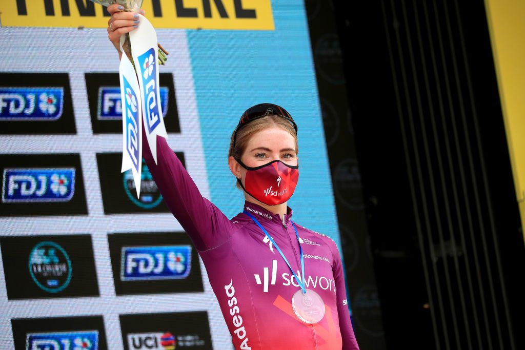 LANDERNEAU FRANCE JUNE 26 Demi Vollering of Netherlands and Team SD Worx celebrates at podium during the 8th La Course By Le Tour De France 2021 a 1077km race from Brest to Landerneau Cte De La Fosse Aux Loups 176m Mask Covid safety measures LaCourse LeTour TDF2021 UCIWWT on June 26 2021 in Landerneau France Photo by Christophe PetitTesson PoolGetty Images