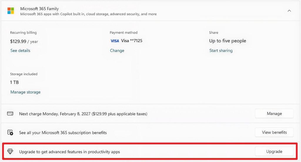 Microsoft 365 Family upgrade option in Settings
