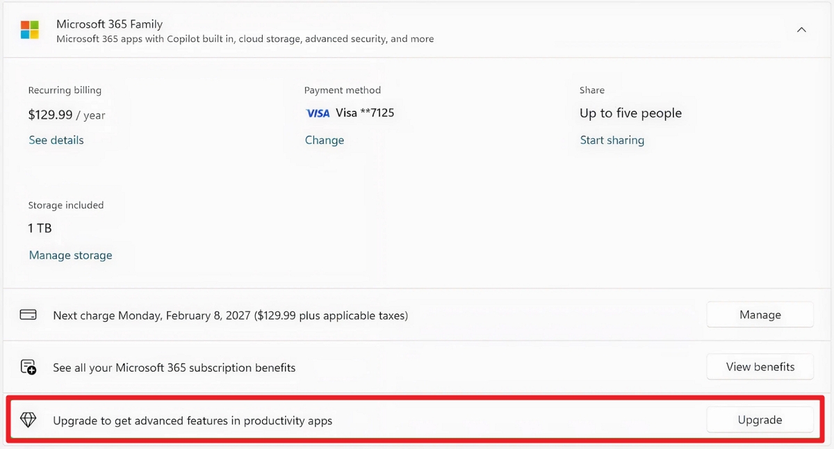 Microsoft 365 Family upgrade option in Settings