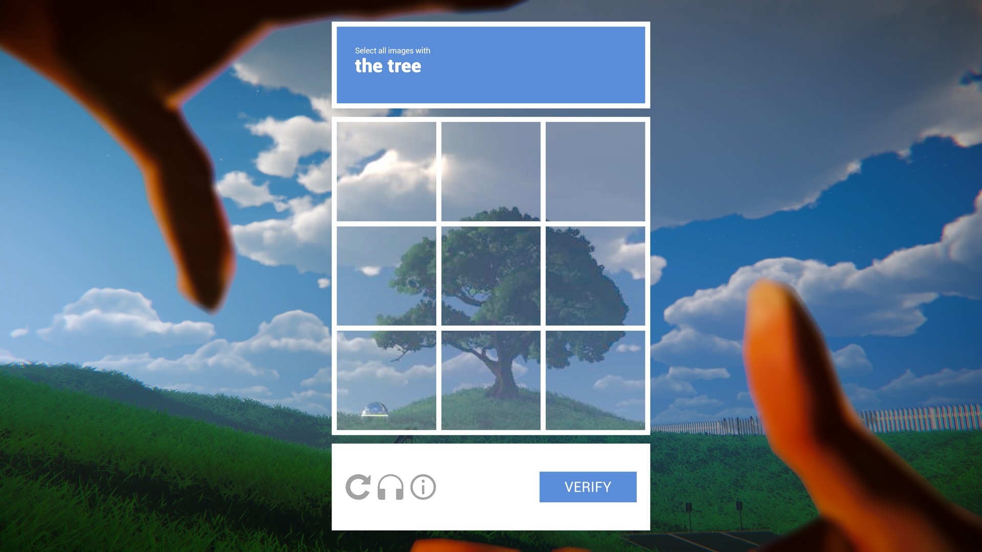 Santana looks at a big tree on a green hill in Prove You're Human, with a blocky CAPTCHA overlay