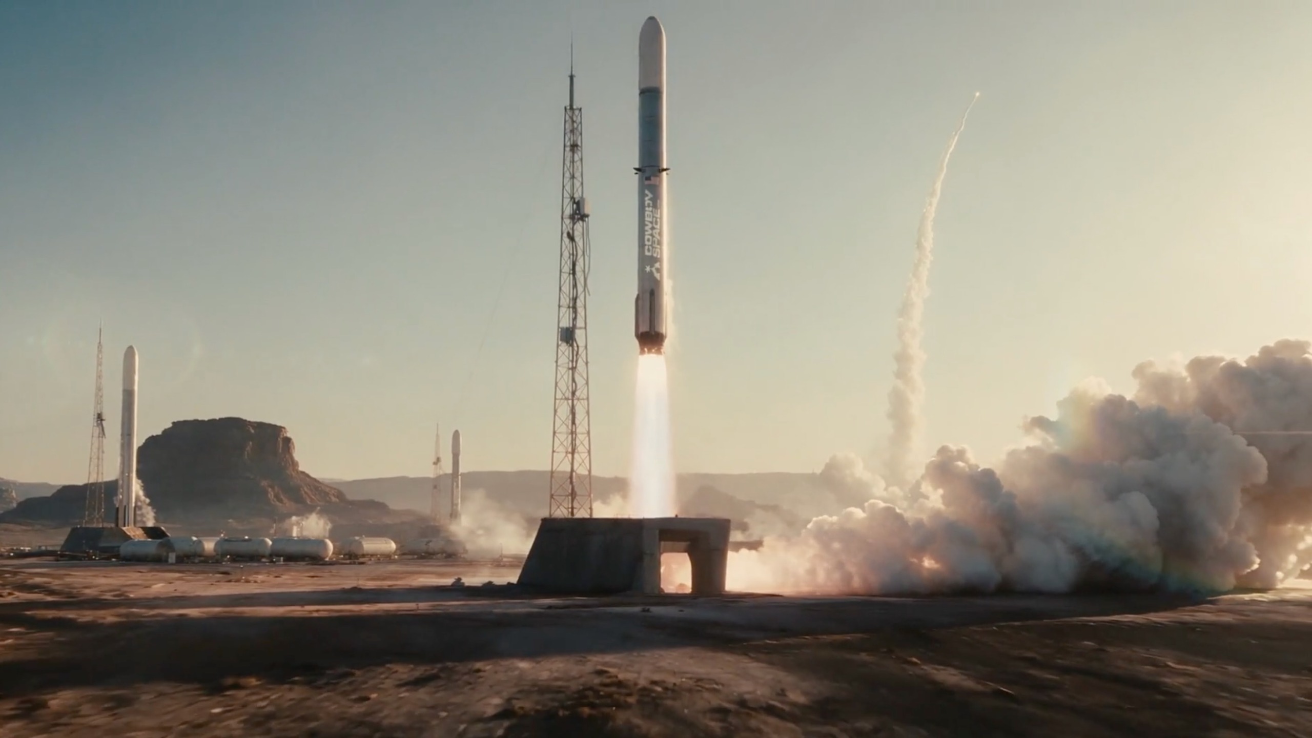 Artist's illustration of Cowboy Space's newly announced Big Iron rocket lifting off.
