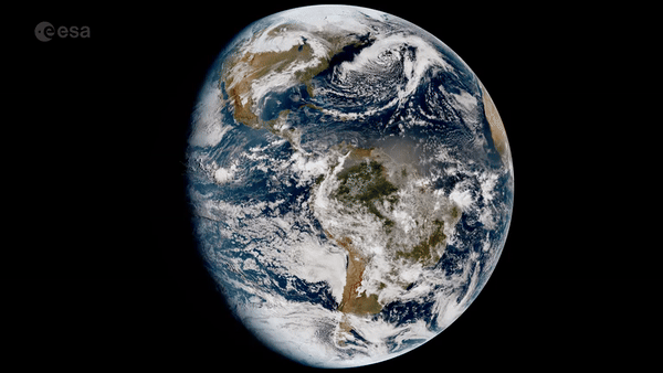 A satellite image of the moon's shadow passing over North America on April 8, 2024