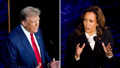 Side by side images of Former President Trump and Vice President Harris