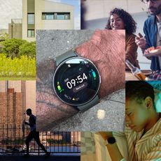 collage of wellness imagery and Garrett Munce wrist with a watch tracker