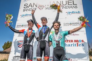 Winner of stage 2 of the 2018 Redlands Bicycle Classic Kevin Vermaerke is flanked by teammate Cole Davis and third-placed Alexander Cowan (Floyd's Pro Cycling)