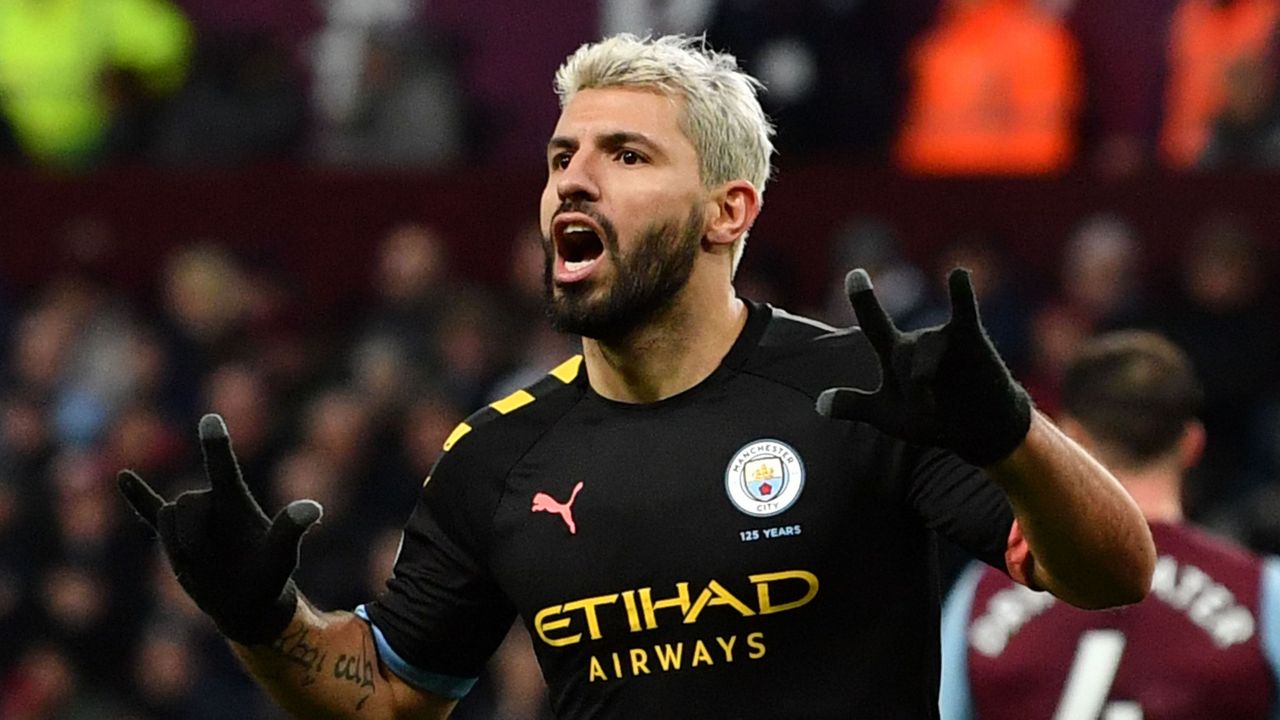 Man City striker Sergio Aguero celebrates after scoring against Aston Villa