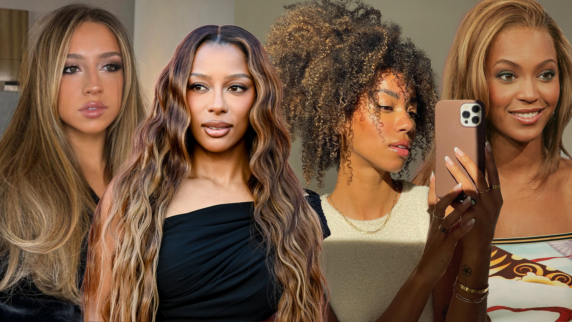 Collage of the Biscoff bronde hair trend on celebrities and content creators.