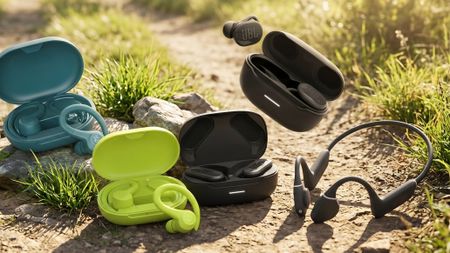 Selection of running headphones scatted on a path