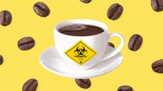 Photo collage of a cup of coffee with a yellow biohazard sticker on the front. In the background, coffee beans are scattered on a field of yellow.