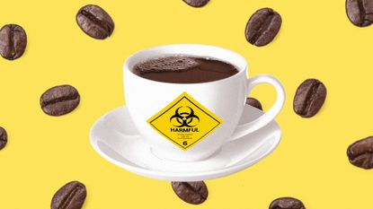 Photo collage of a cup of coffee with a yellow biohazard sticker on the front. In the background, coffee beans are scattered on a field of yellow.