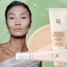 woman with glowing skin in a white off the shoulder top on a green background with beauty of joseon skincare next to her