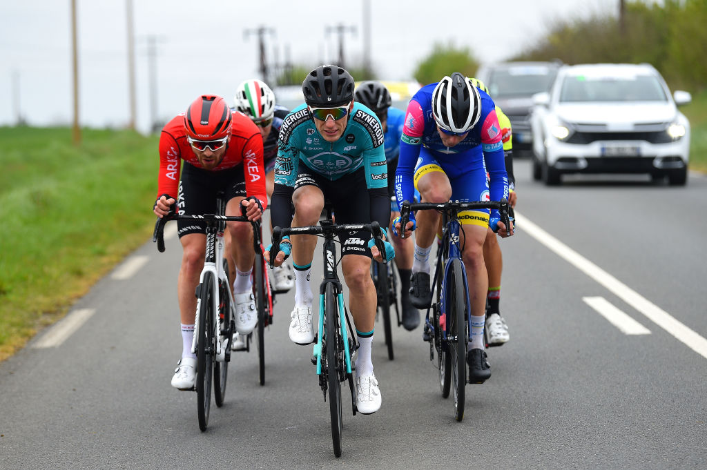 LE LUDE FRANCE APRIL 06 LR Thibault Guernalec of France and Team Arka Samsic and Pierre Rolland of France and Team BB Hotels PB Ktm compete in the breakaway during the 68th Circuit Cycliste Sarthe Pays de la Loire 2022 Stage 2 a 1747km stage from Le Lude to Le Lude CircuitSarthe on April 06 2022 in Le Lude France Photo by Dario BelingheriGetty Images