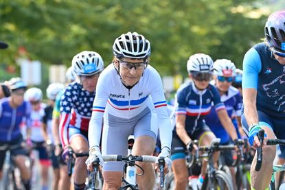 Jeannie Longo competing in the Medio Fondo road race at the 2023 Glasgow Super World Championship