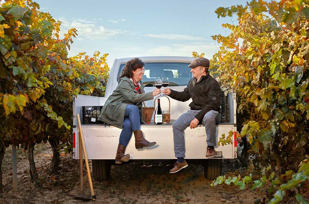 Enjoying wine at Bodegas Olarra in Rioja Alta, Spain