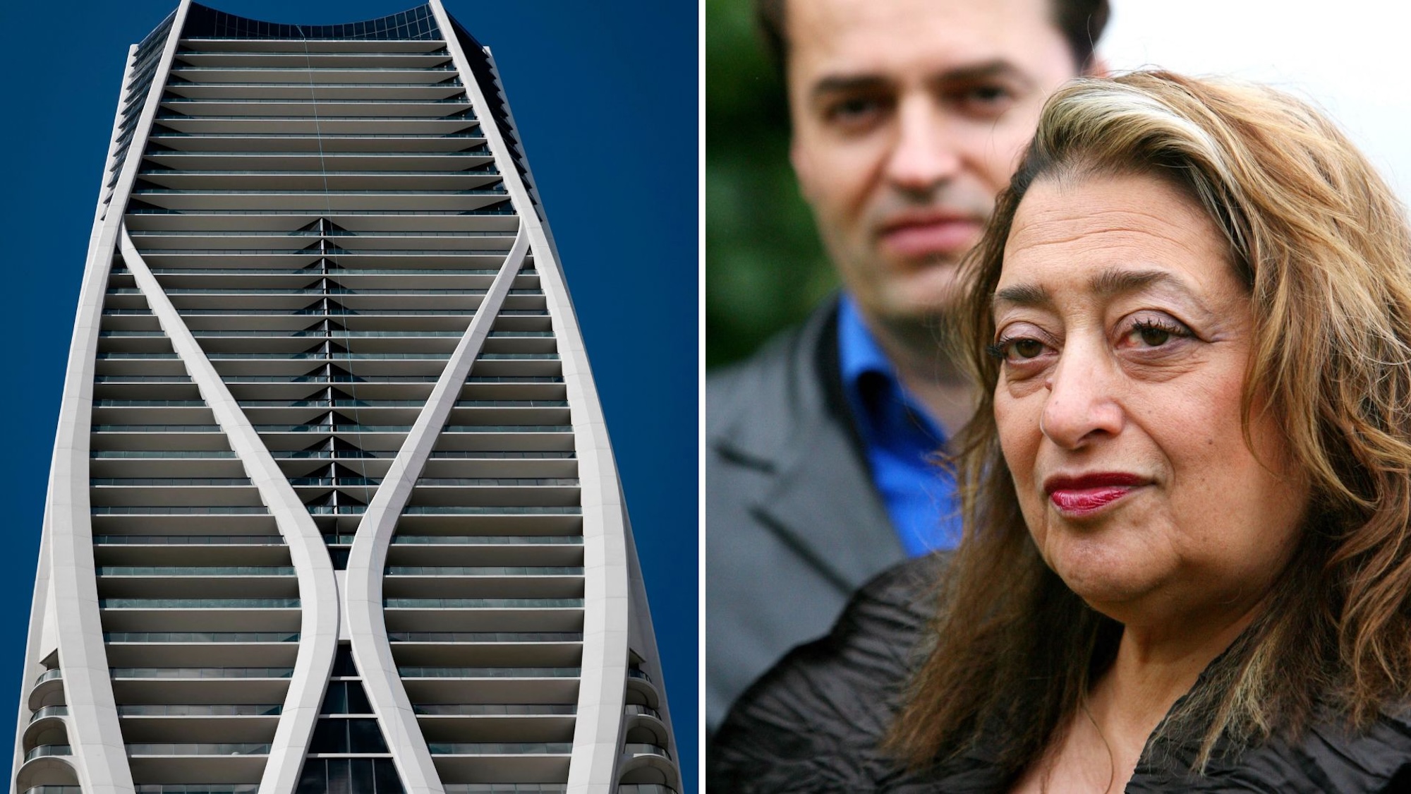 A composite image showing a sinuous skyscraper in Miami alongside a portrait of architects Zaha Hadid and Patrik Schumacher