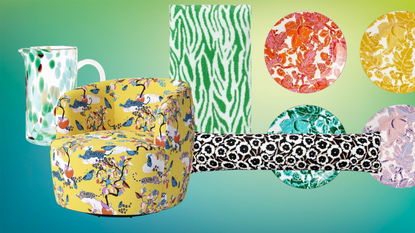 Pieces from the Diane Von Furstenberg x Target Collection on a colorful background