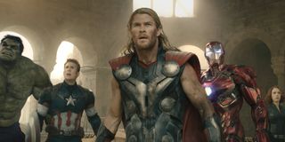 Chris Hemsworth as Thor with his fellow Avengers in Avengers: Age of Ultron