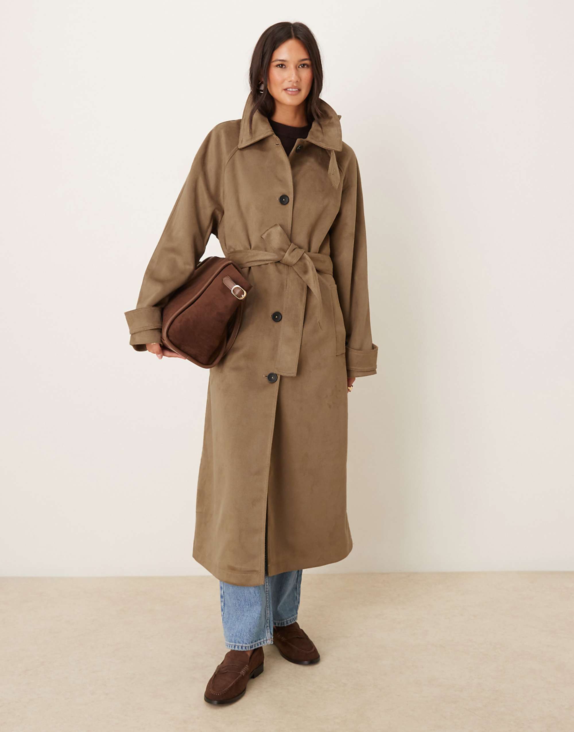 Asos Design Faux Suede Funnel Neck Trench Coat in Stone