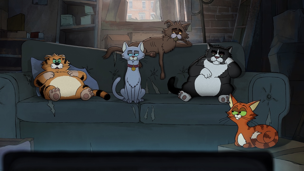 Cats sitting on couch watching TV in Alley Cats