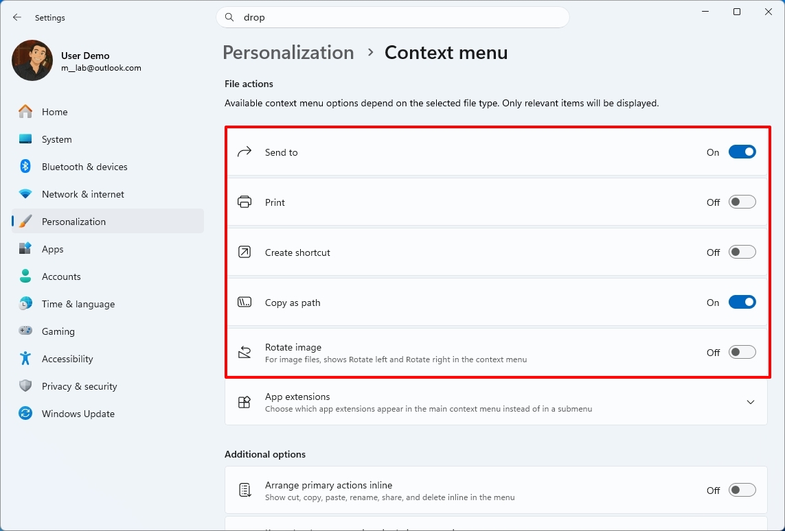 Windows 11 Settings Context menu page showing the file actions settings.