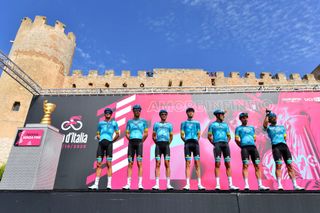 AGRIGENTO, ITALY - OCTOBER 04: Start / Manuele Boaro of Italy, Fabio Felline of Italy, Jakob Fuglsang of Denmark, Miguel Angel Lopez Moreno of Colombia, Rodrigo Contreras of Colombia, Oscar Rodriguez Garaikoetxea of Spain, Jonas Gregaard of Denmark, Aleksander Vlasov of Russia and Astana Pro Team / Trofeo Senza Fine / Trophy / Team Presentation / during the 103rd Giro d'Italia 2020, Stage 2 a 149km stage from Alcamo to Agrigento 243m / @girodiitalia / #Giro / on October 04, 2020 in Agrigento, Italy. (Photo by Stuart Franklin/Getty Images,)