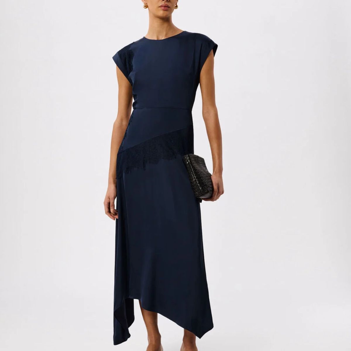 Navy Lace Insert Asymmetric Dress