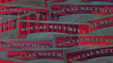 An illustration of social security cuts. Social Security cards , Congress all on a red background.