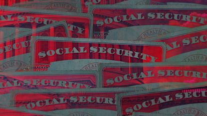 An illustration of social security cuts. Social Security cards , Congress all on a red background.