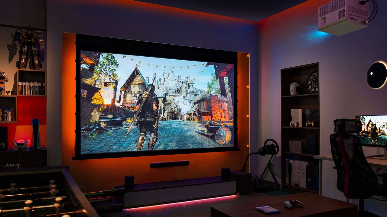 The BenQ x3100i projector mounted to the ceiling of a gamer's room