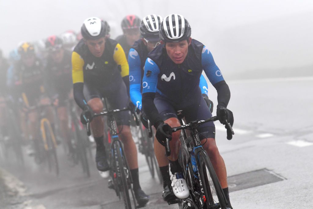 THYON 2000 LES COLLONS SWITZERLAND MAY 01 Miguel Angel Lopez Moreno of Colombia Marc Soler Gimenez of Spain and Movistar Team Yellow Leader Jersey lead The Peloton during the 74th Tour De Romandie 2021 Stage 4 a 1613km stage from Sion to Thyon 2000 Les Collons 2076m Rain Fog TDR2021 TDRnonstop UCIworldtour on May 01 2021 in Thyon 2000 Les Collons Switzerland Photo by Luc ClaessenGetty Images